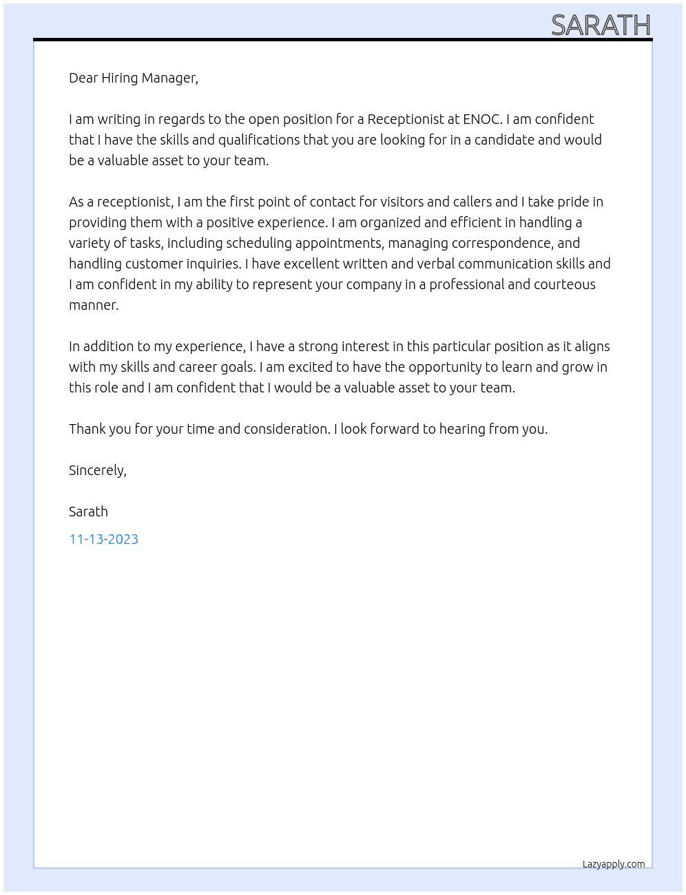 Receptionist At ENOC Cover Letter