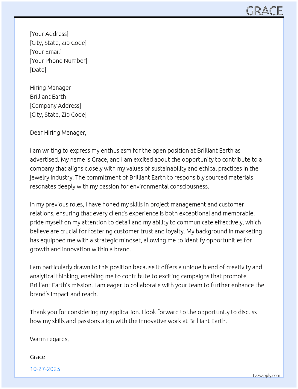 Brilliant earth At Brilliant earth Cover Letter
