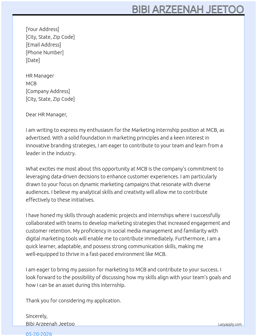 Marketing Internship At MCB Cover Letter