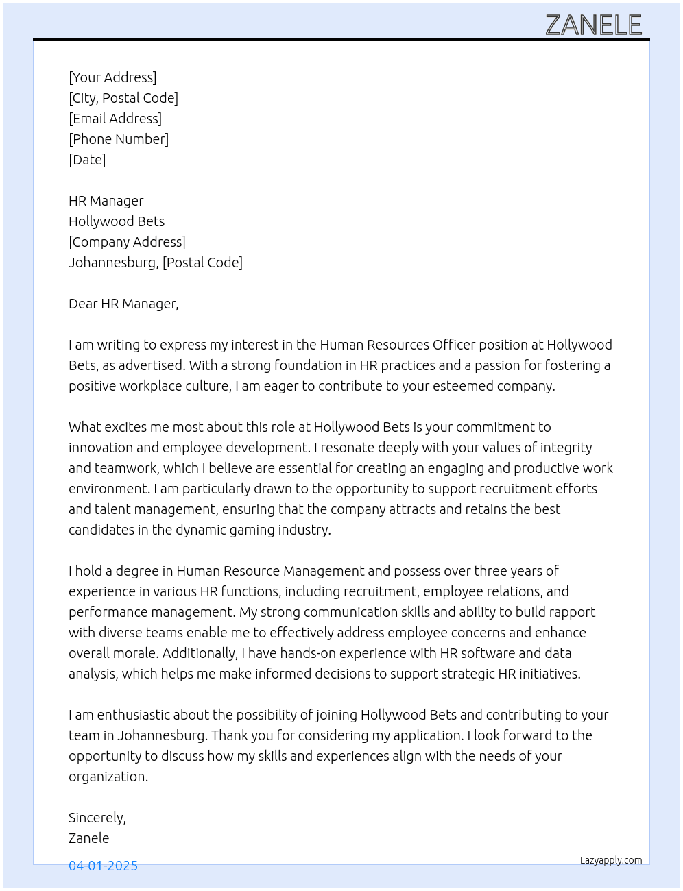 Human Resources Officer  At Hollywood bets Cover Letter