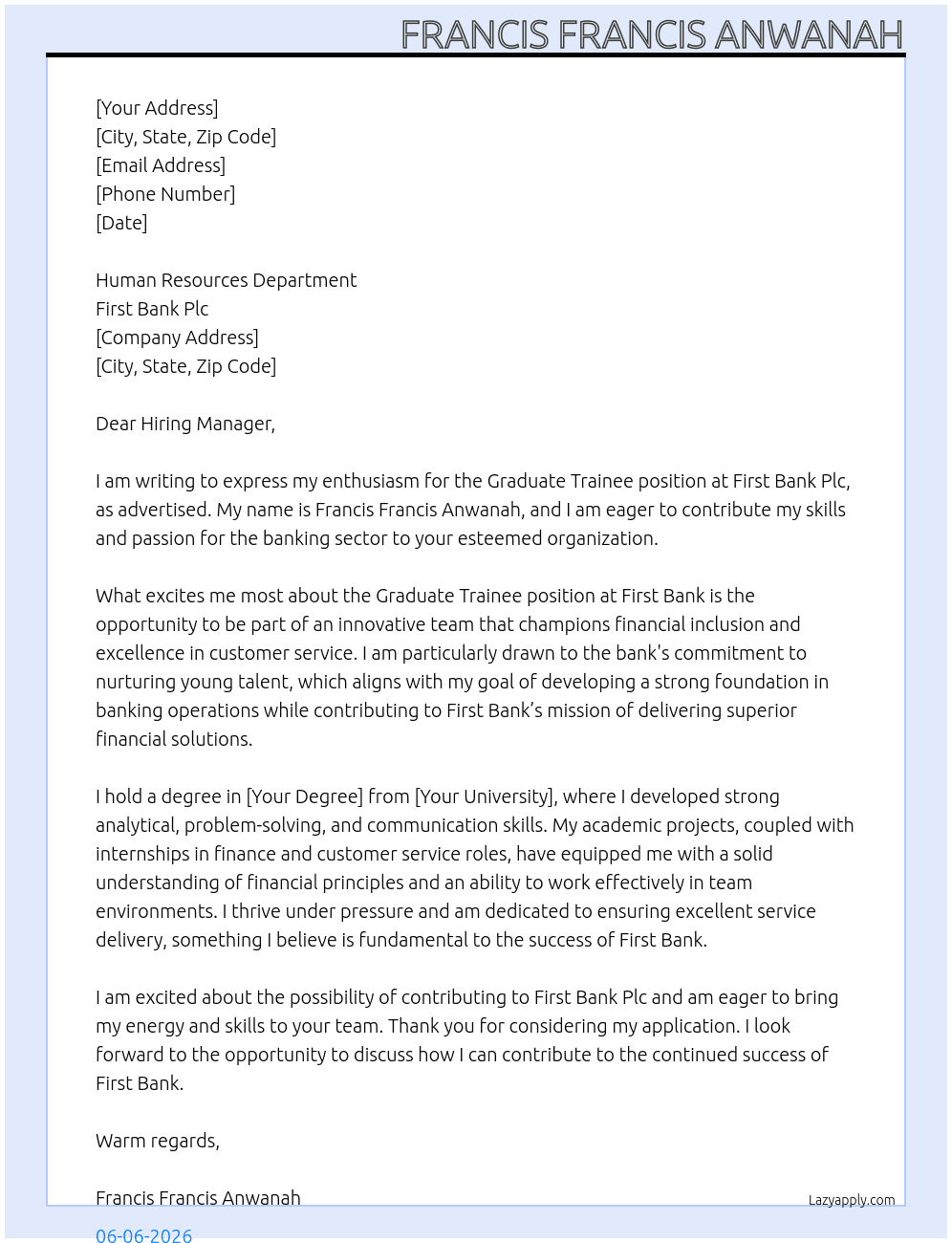 Graduate trainee At First Bank  Cover Letter