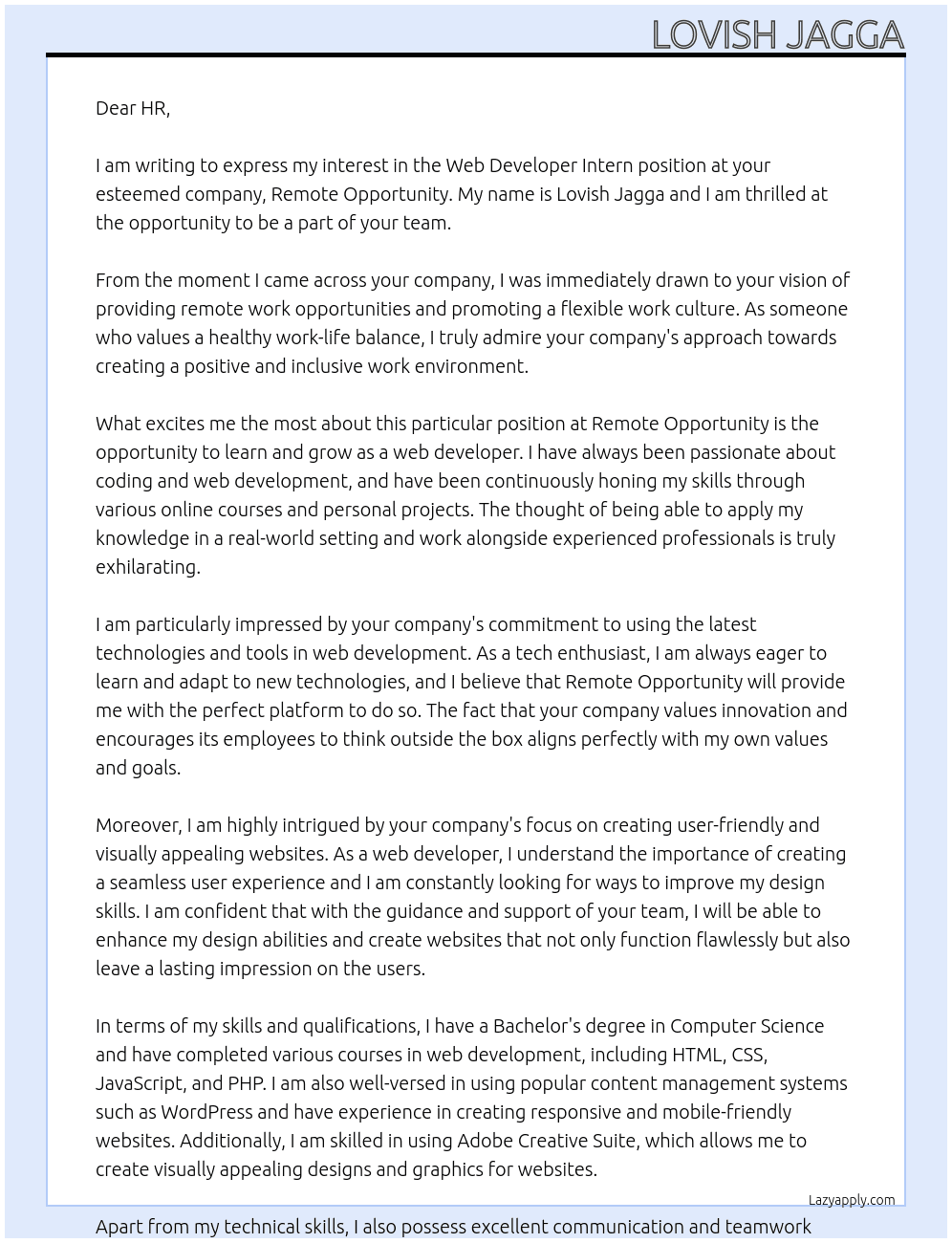 Web developer intern At Remote opportunity Cover Letter