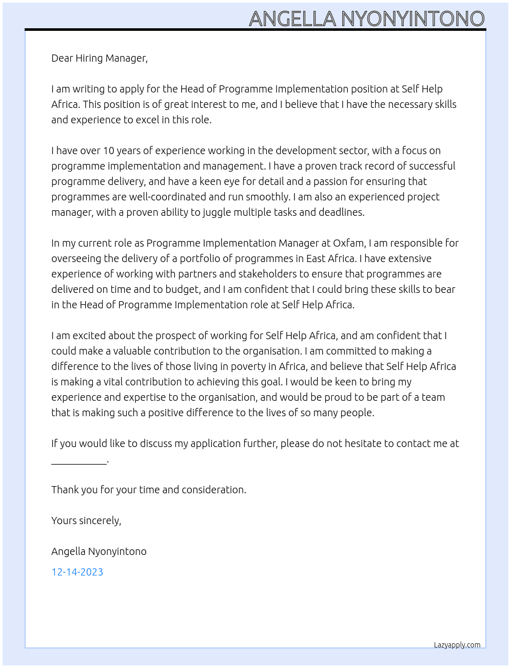 Head of Programme Implementation At Self Help Africa Cover Letter