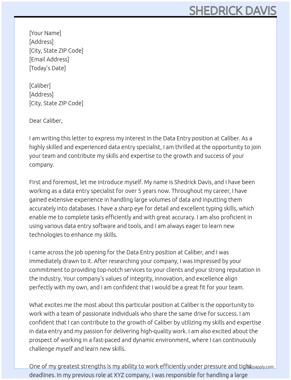 Data Entry At caliber Cover Letter