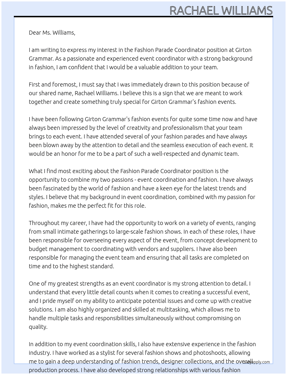 Fashion parade coordinator At Girton Grammar Cover Letter