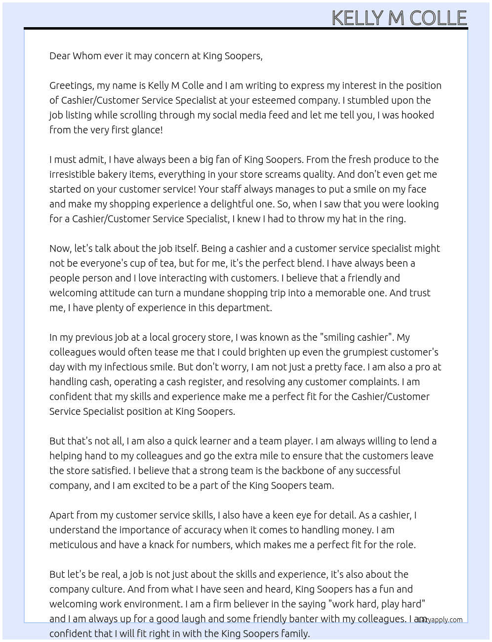 Cashier/customer service specialist At King Soopers Cover Letter