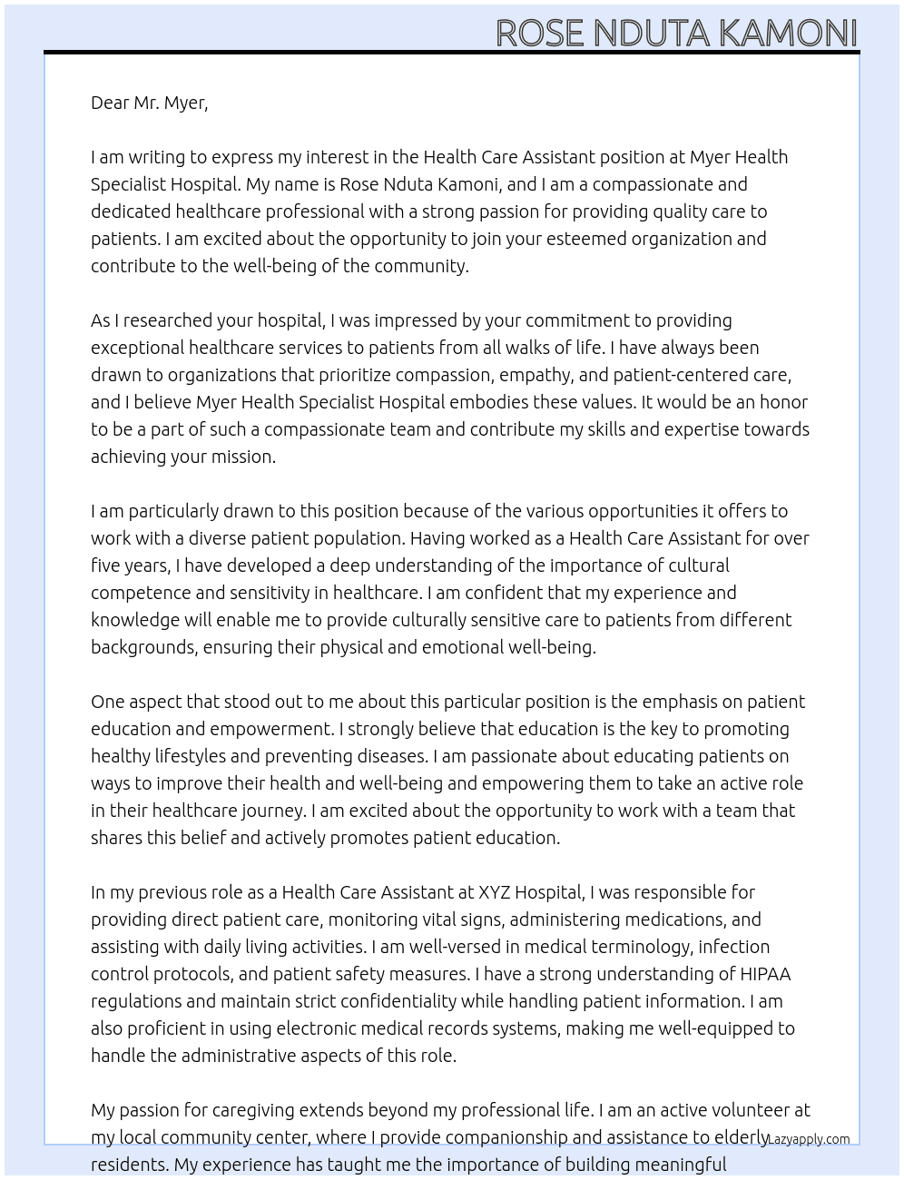 Health care assistant  At Myer health specialist hospital  Cover Letter