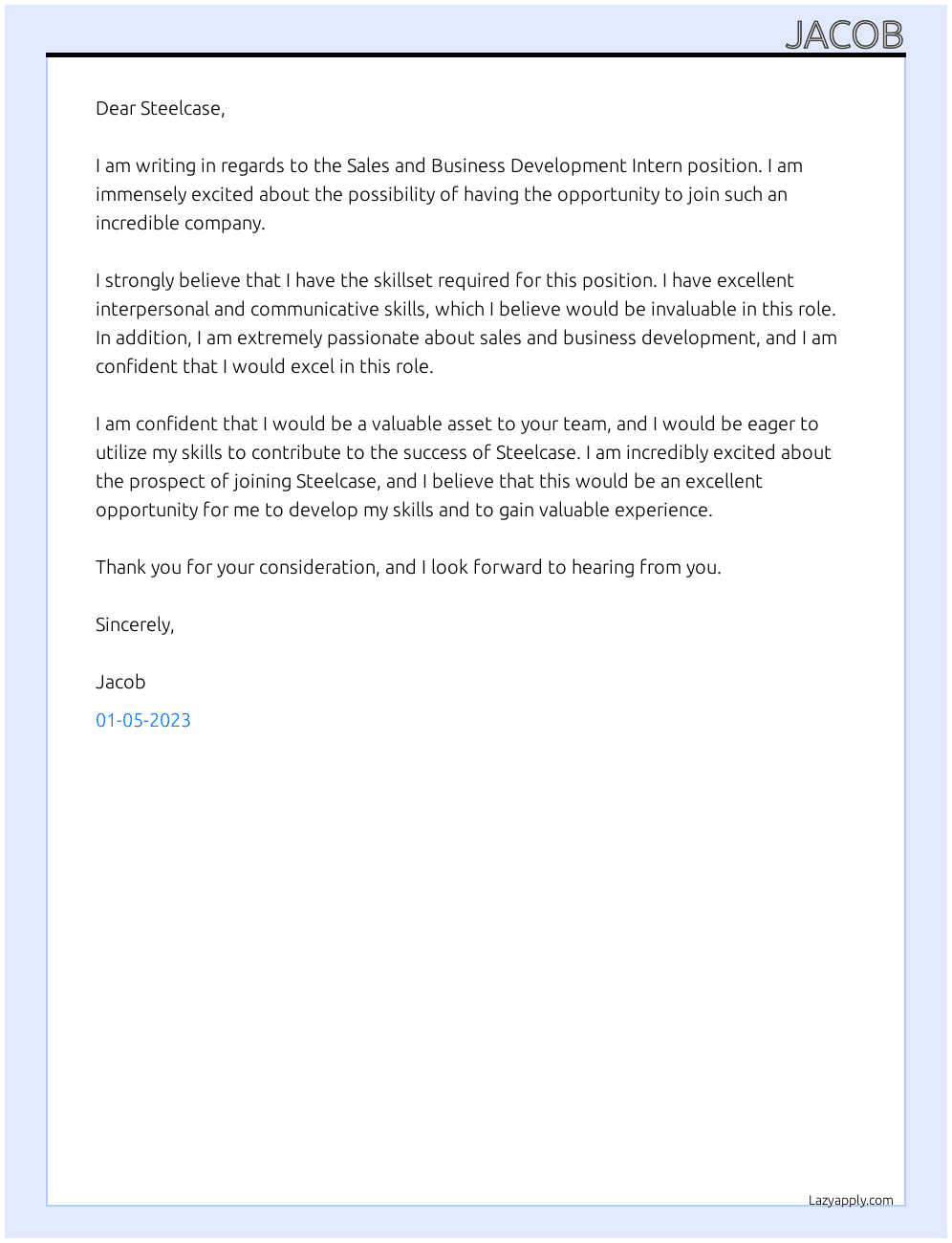 Sales and Business Development Intern At Steelcase Cover Letter