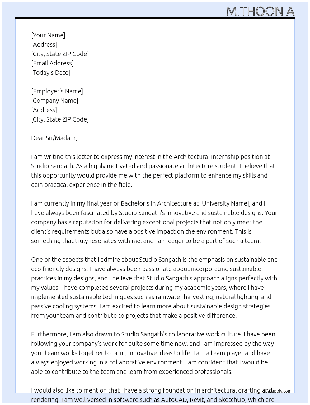 Architectural internship  At Studio sangath Cover Letter