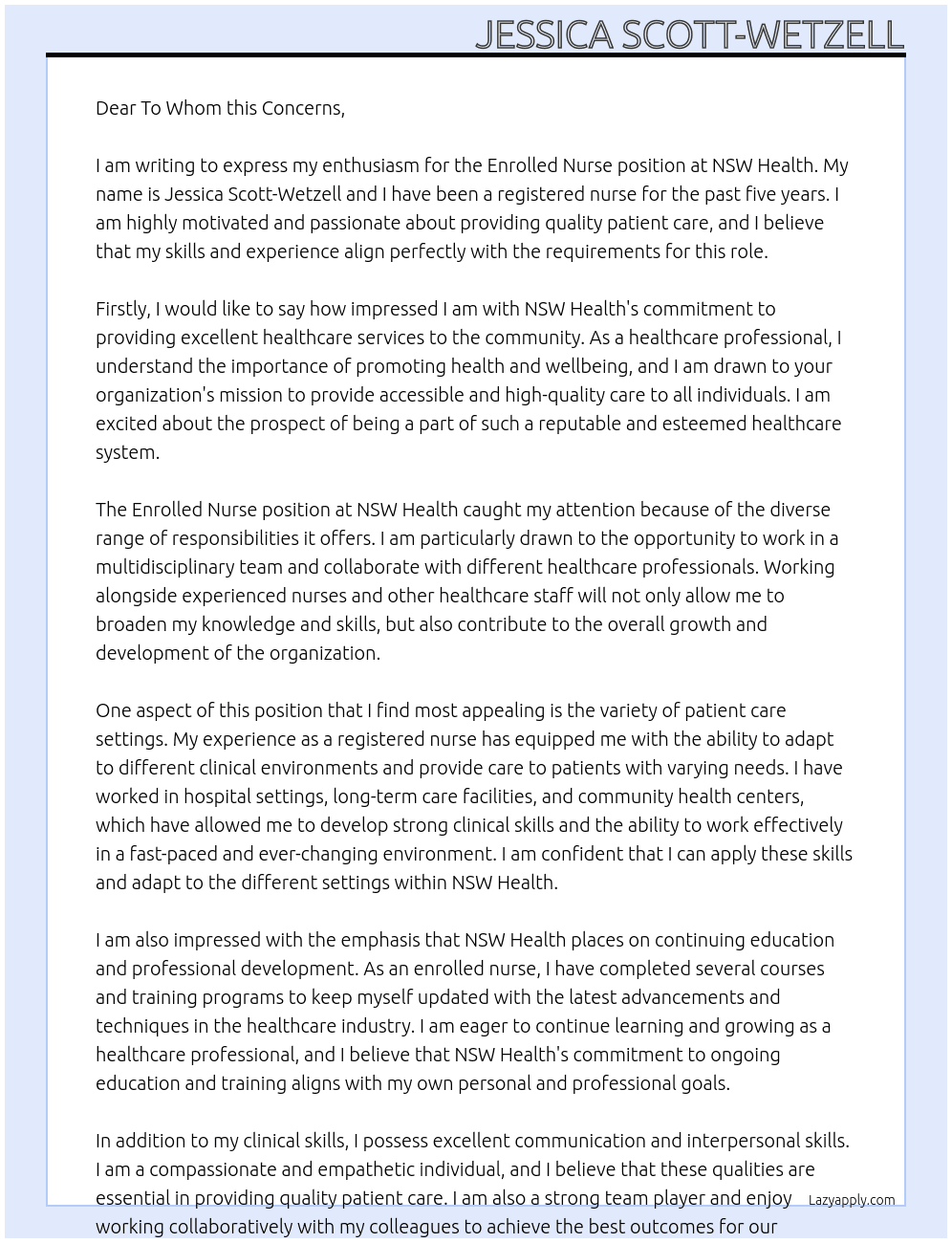 Enrolled Nurse At NSW Health Cover Letter