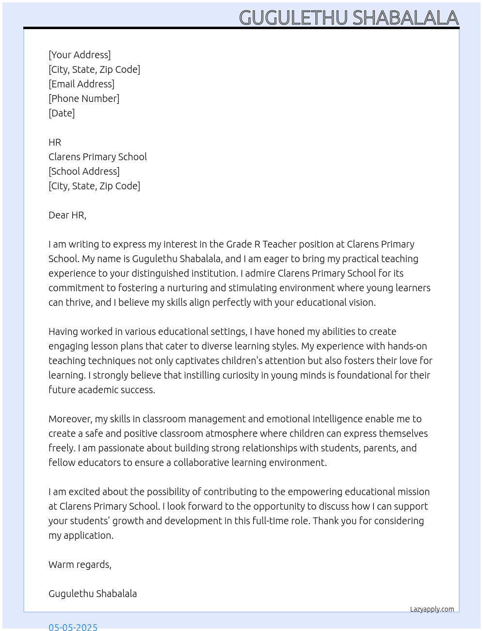 Grade R Teacher At Clarens Primary School Cover Letter
