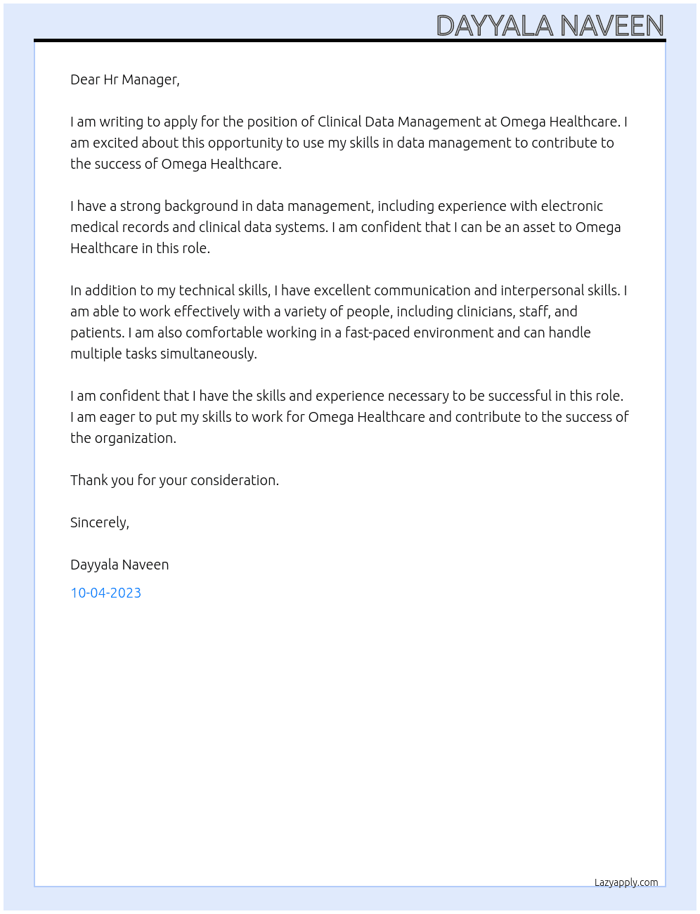 Clinical Data Management At Omega Healthcare Cover Letter