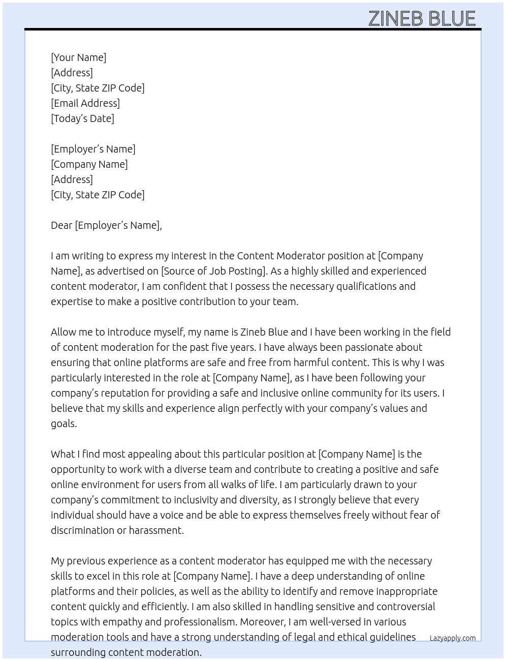 content moderator At zineb blue  Cover Letter