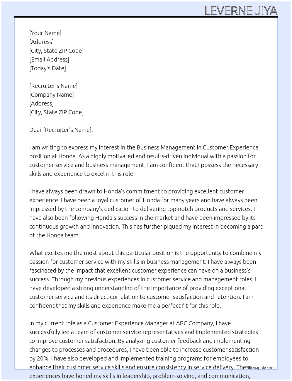 business management in customer experience  At Honda Cover Letter