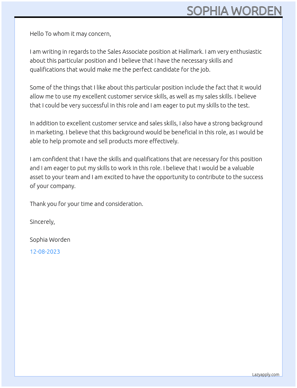 Sales Associate At Hallmark Cover Letter