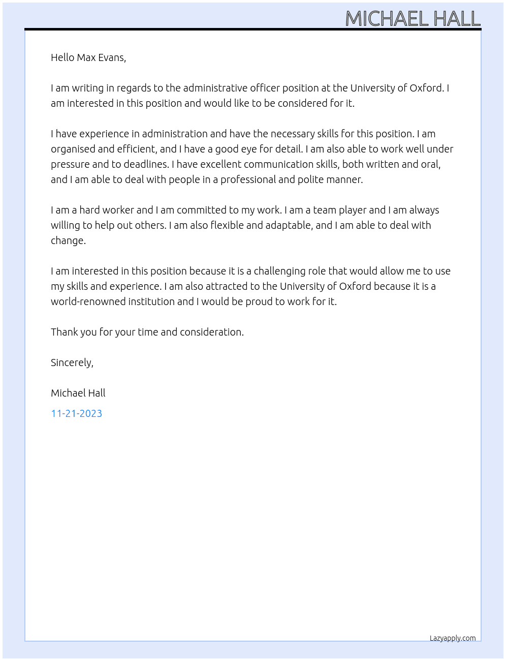 Administrative Officer At University of Oxford Cover Letter