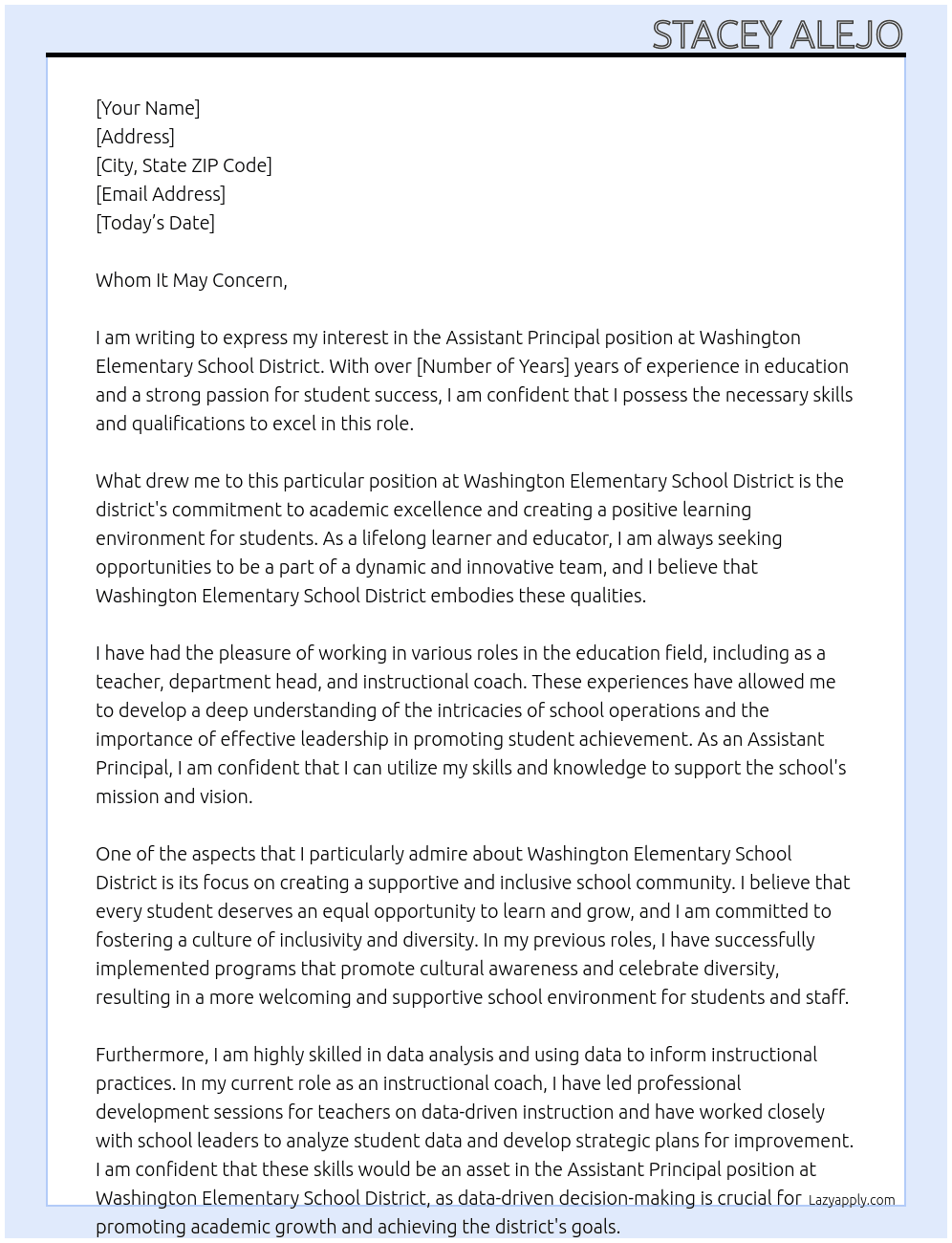 Assistant Principal At Washington Elementary School District Cover Letter