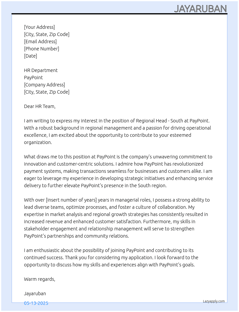 Regional Head - South At Paypoint Cover Letter