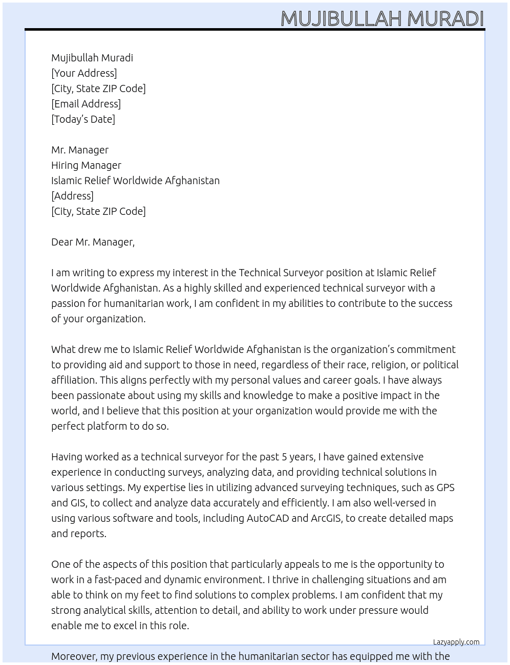 Technical surveyor  At Islamic releif world wide Afghanistan  Cover Letter