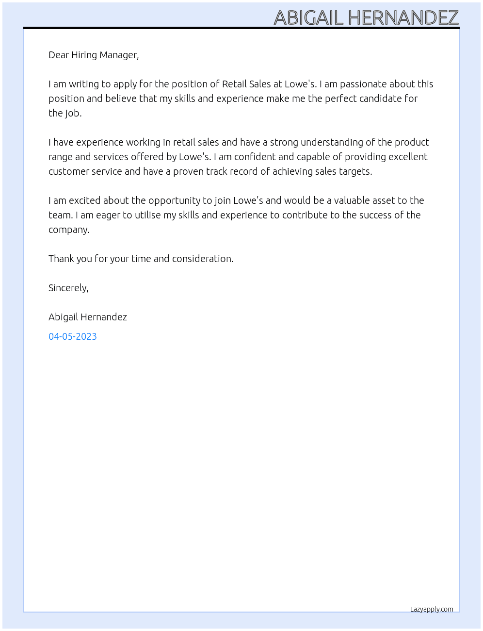 Retail Sales At Lowe's Cover Letter