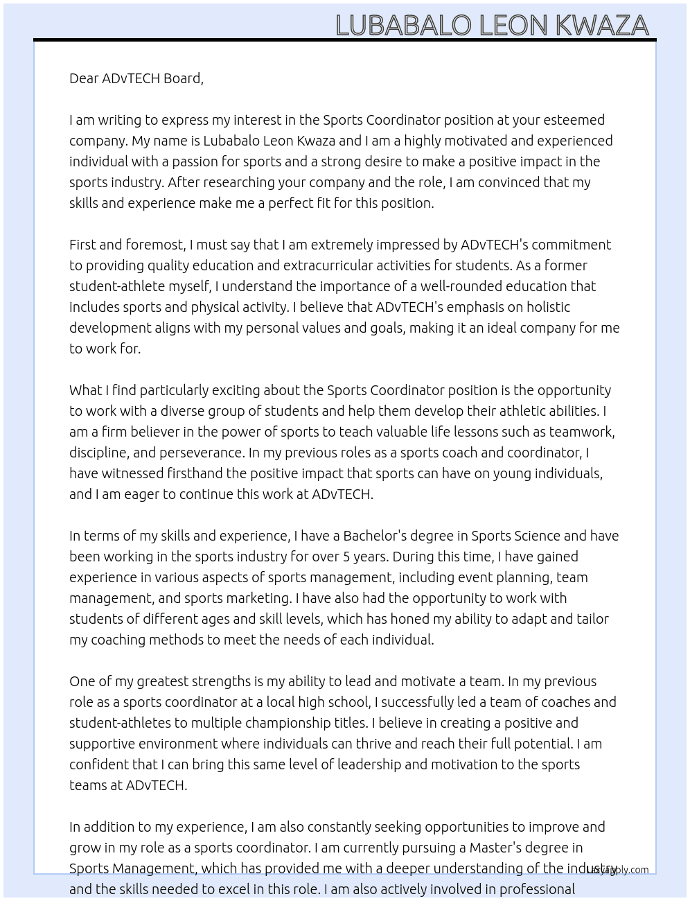 Sports Coordinator At ADvTECH  Cover Letter