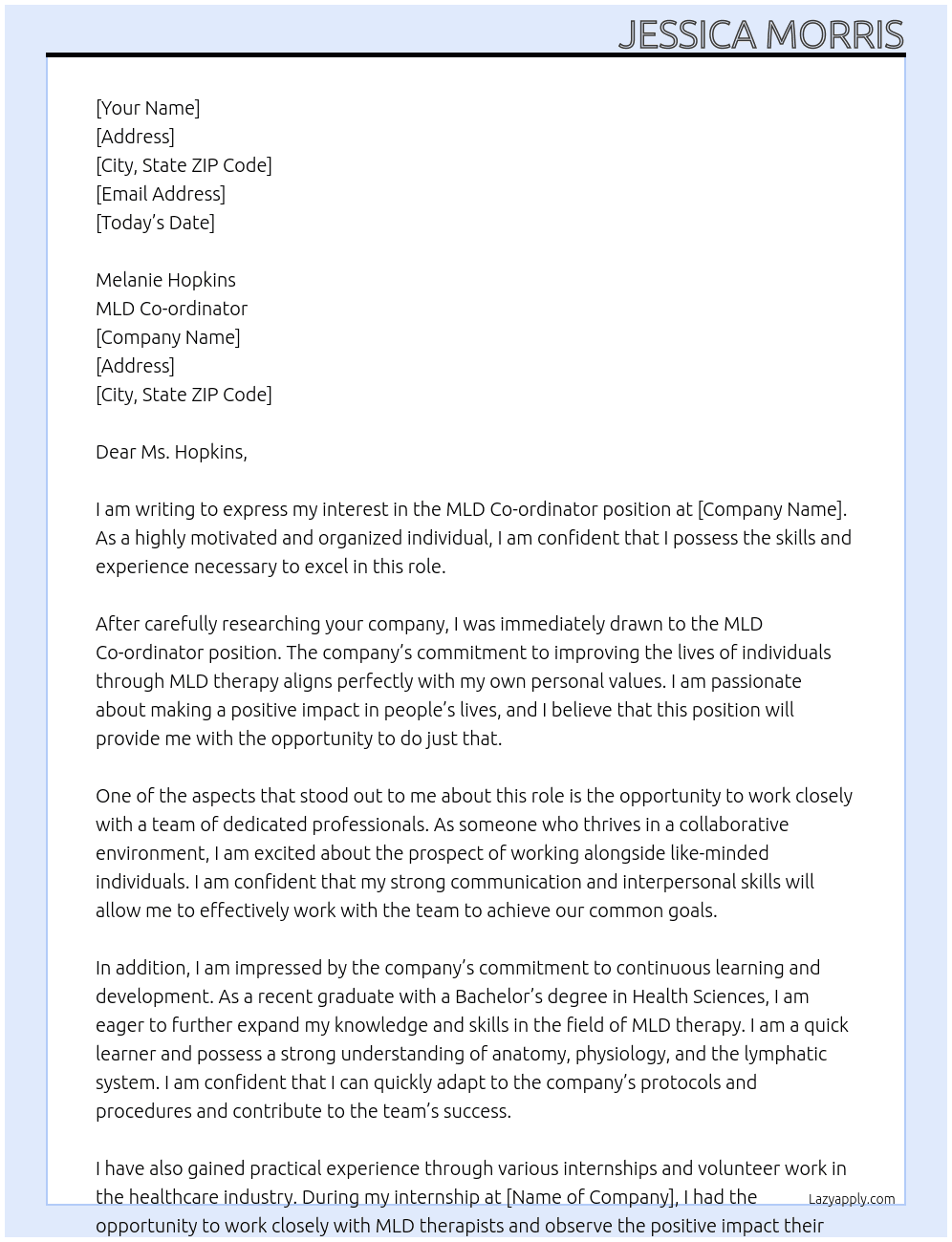 MLD co-odinator At MLD co-ordinator Cover Letter