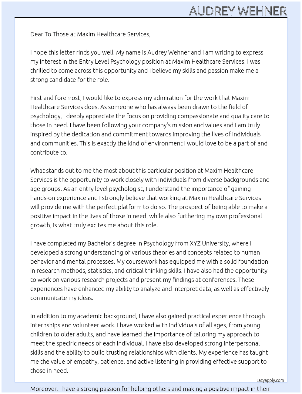 Cover letter for entry level psychology - LazyApply
