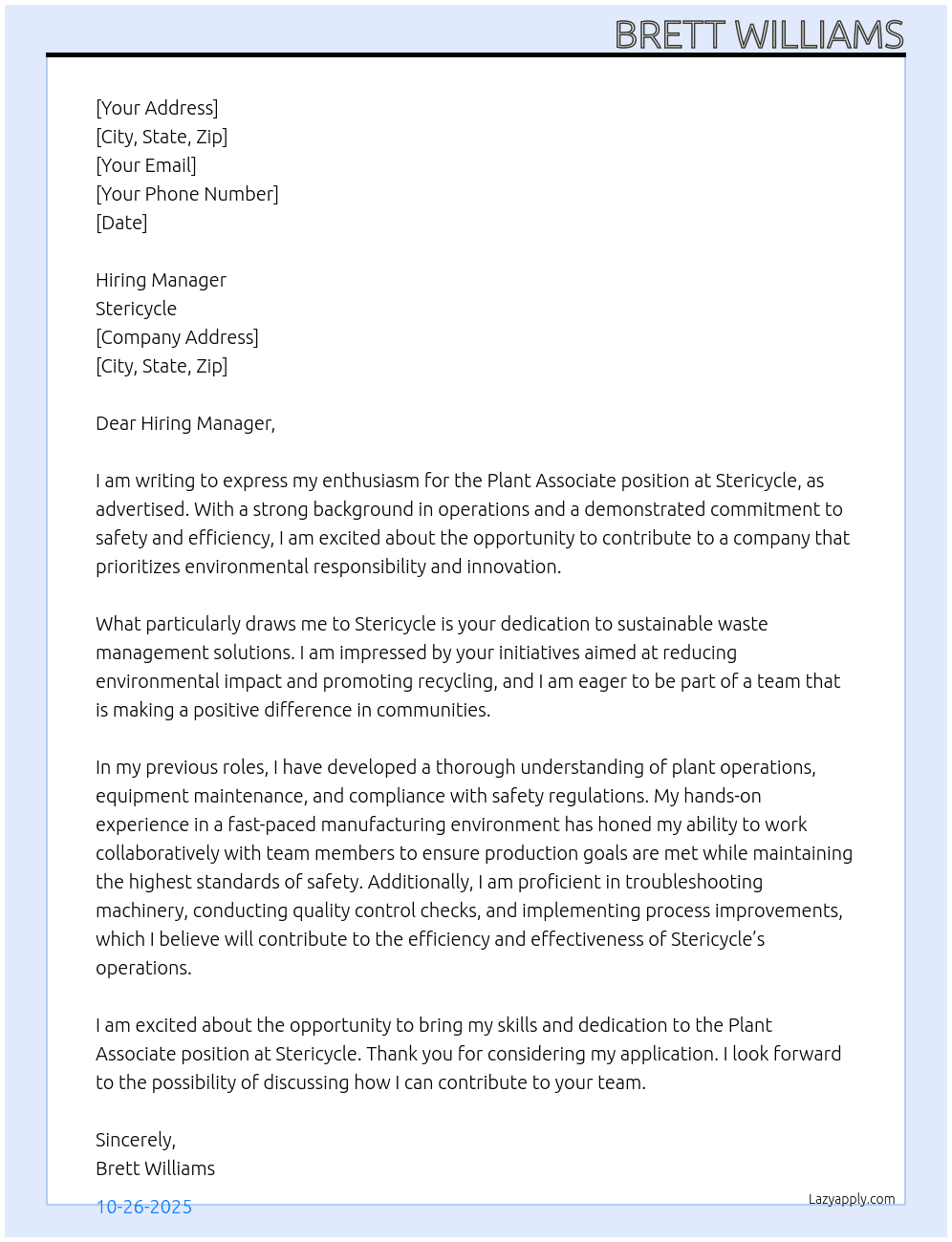 Plant Associate At Stericycle  Cover Letter