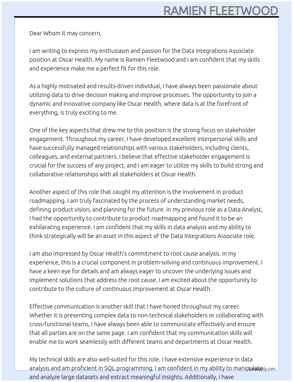 Data Integrations Associate At Oscar Health Cover Letter