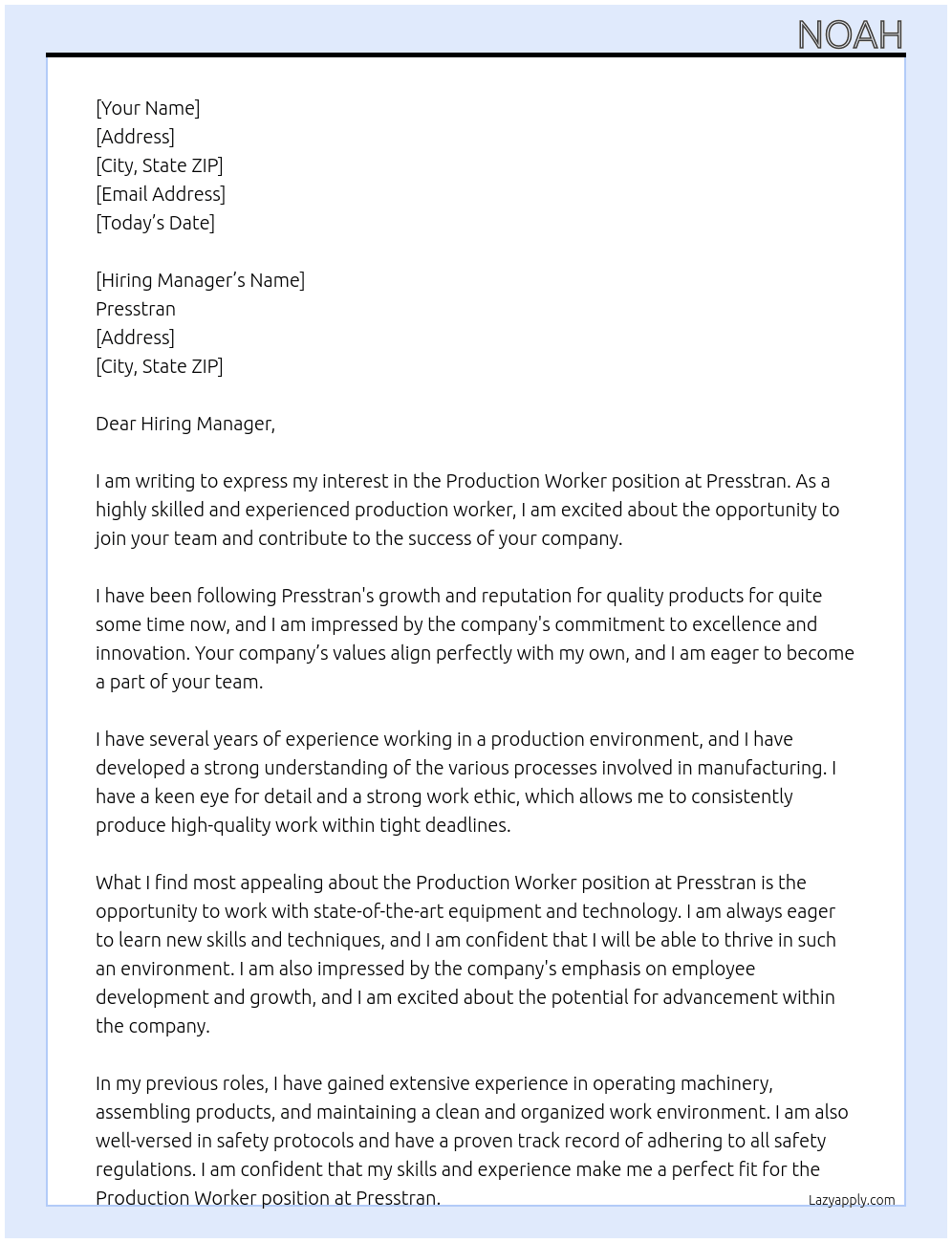 Production Worker At Presstran Cover Letter
