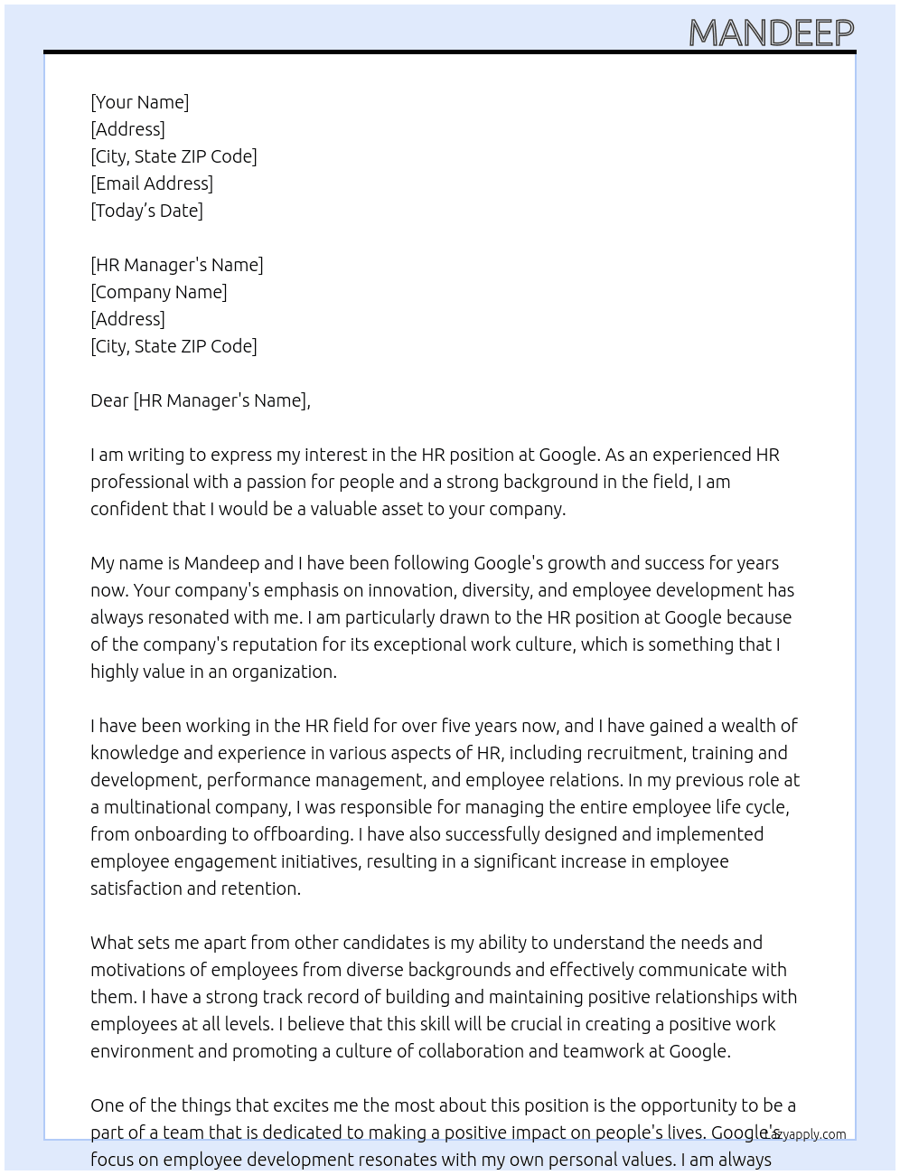 hr At google Cover Letter