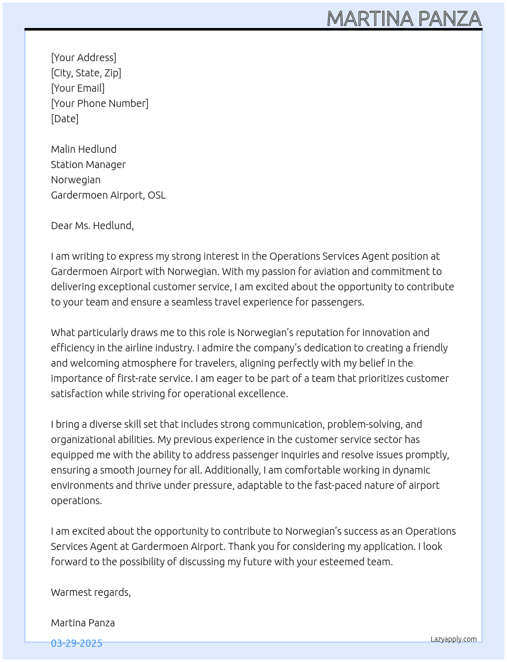 Operations Services Agent Gardermoen Airport, OSL At Norwegian Cover Letter
