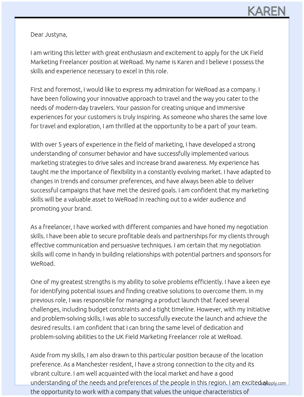 UK Field Marketing Freelancer At WeRoad  Cover Letter