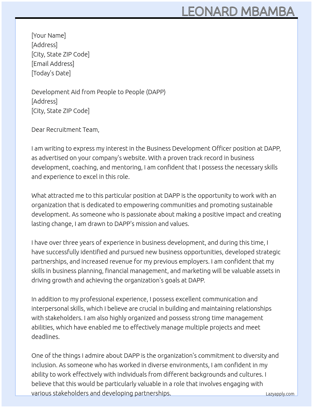 BUSINESS DEVELOPMENT OFFICER  At Development Aid from People to People (DAPP) Cover Letter