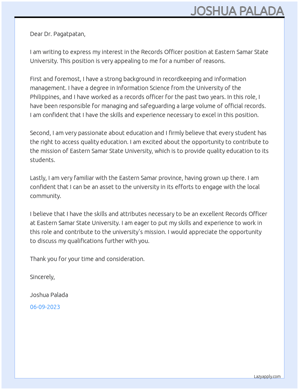 Records Officer At Eastern Samar State University Cover Letter