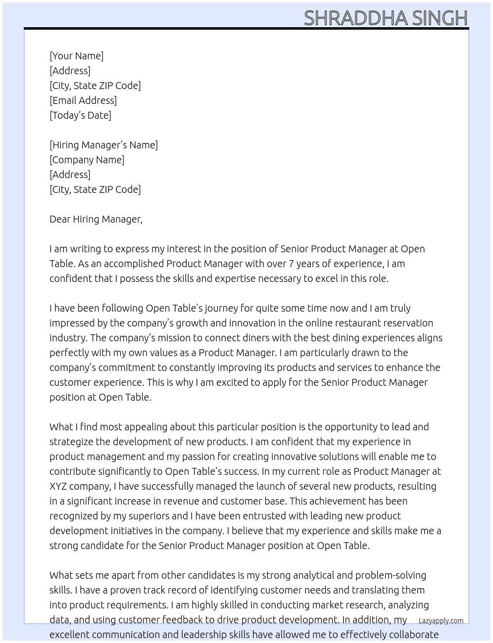 Senior Product Manager At Open Table Cover Letter