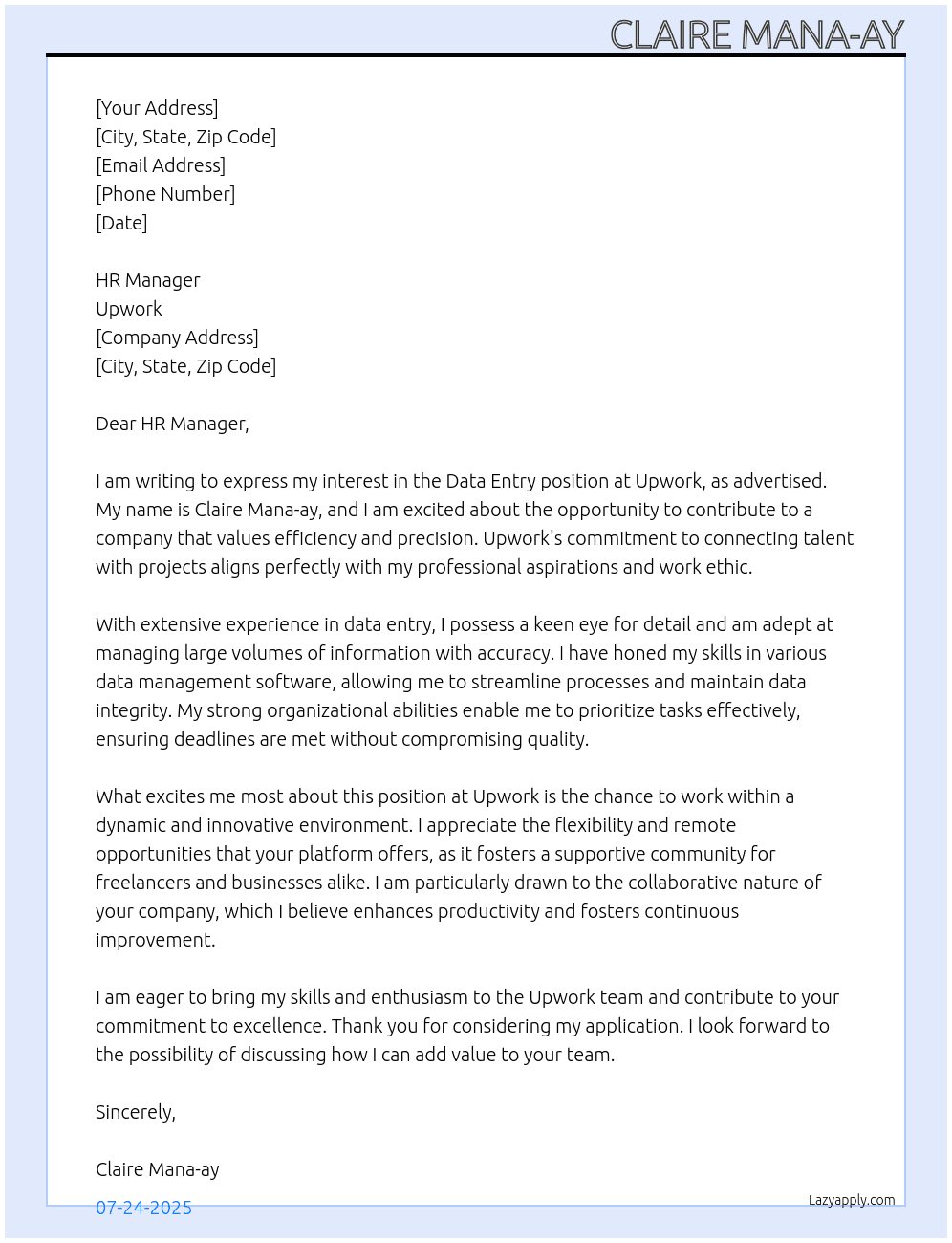 data entry At upwork Cover Letter