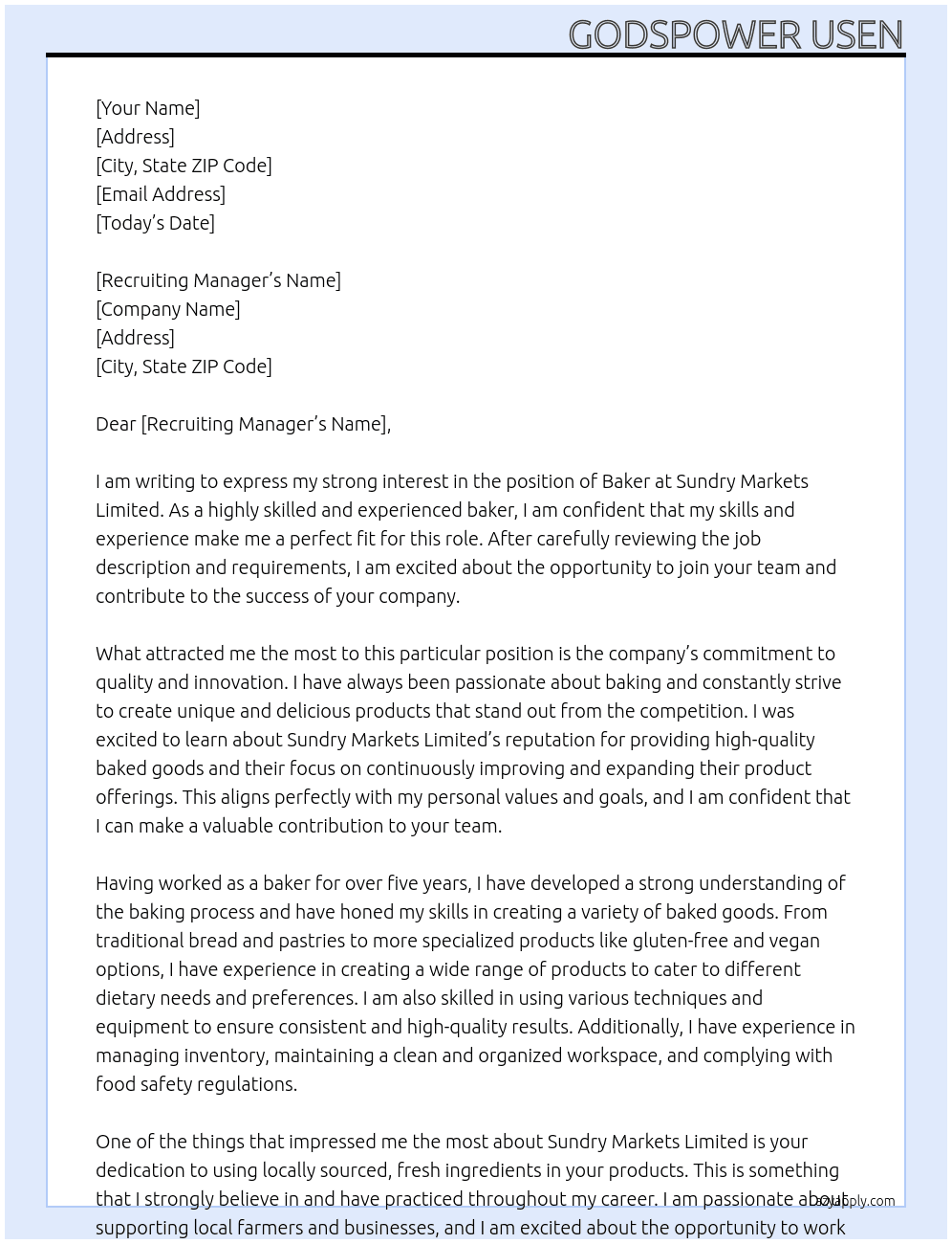 baker At sundry markets limited Cover Letter