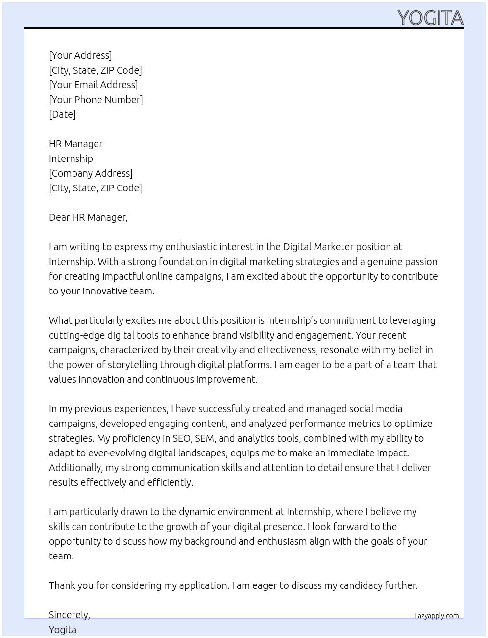 Cover letter for digital marketer - LazyApply