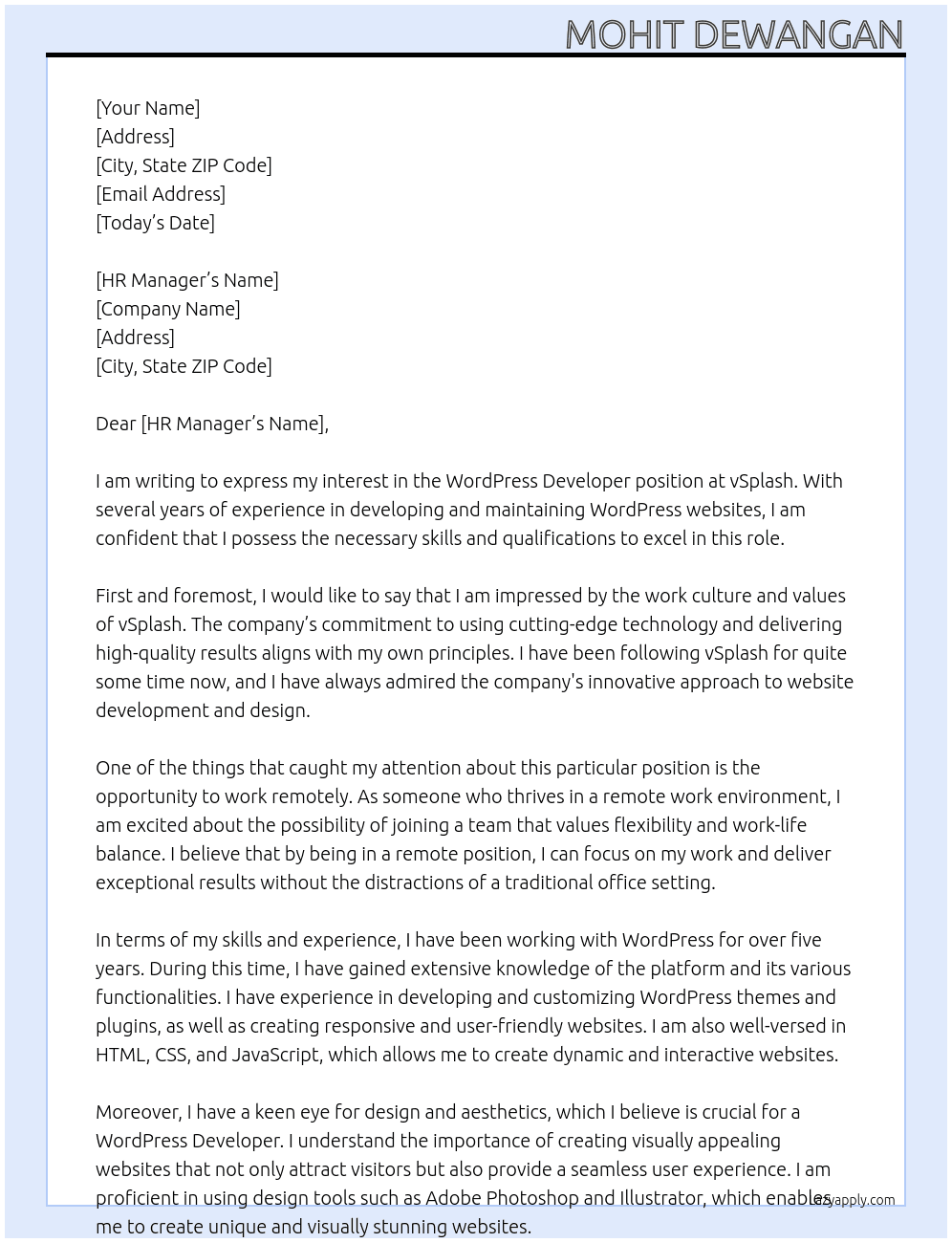 Wordpress Developer At vSplash Cover Letter