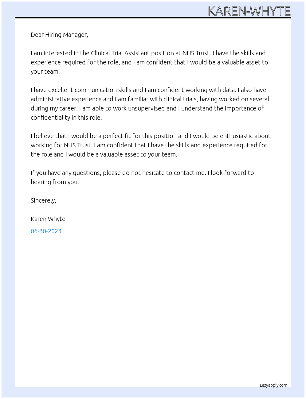 Clinical trial assistant At NHS Trust  Cover Letter
