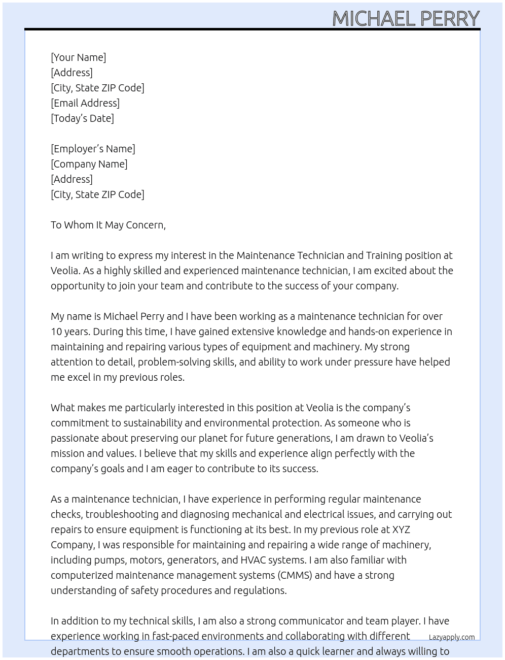 maintenance technician and training At Veolia  Cover Letter