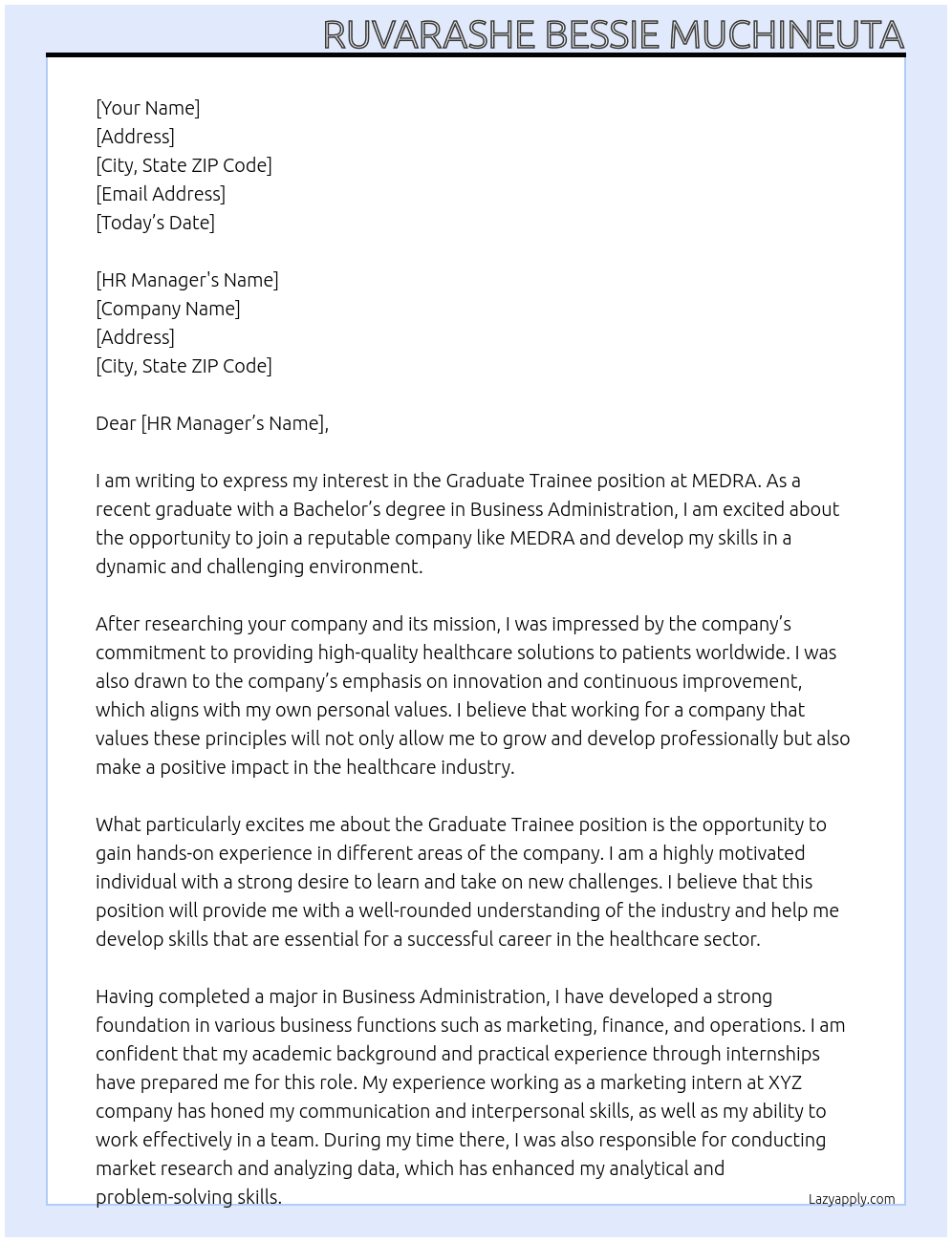 graduate trainee At MEDRA Cover Letter