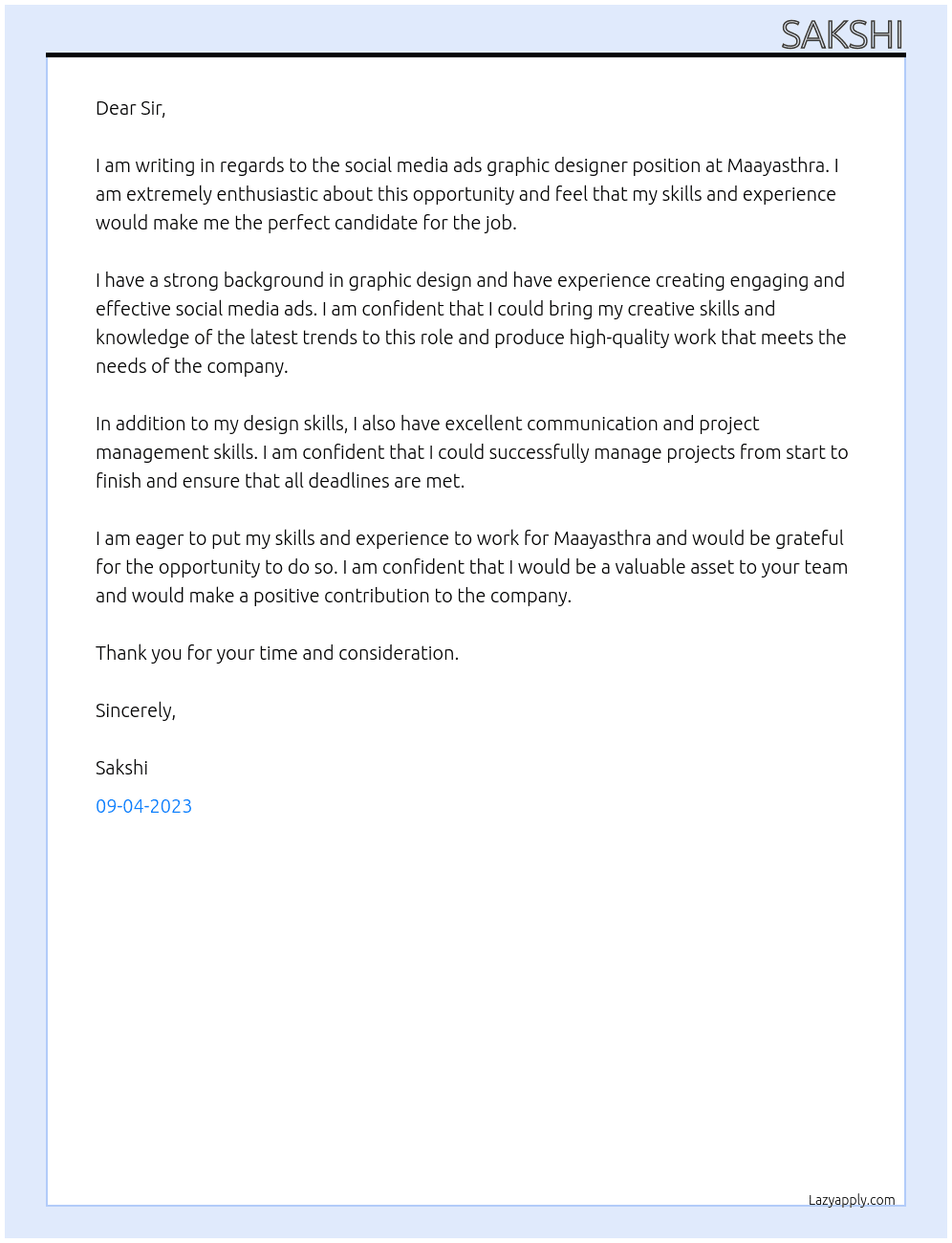 Social media ads graphic designer At Maayasthra Cover Letter