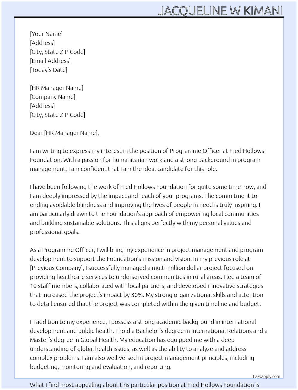 PROGRAMME OFFICER At Fred Hollows Foundation Cover Letter