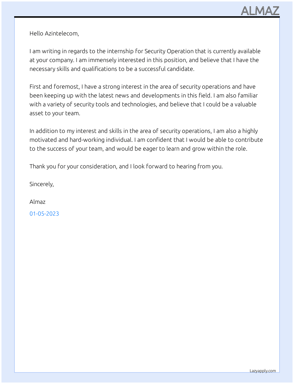 Internship for Security Operation At Azintech Cover Letter