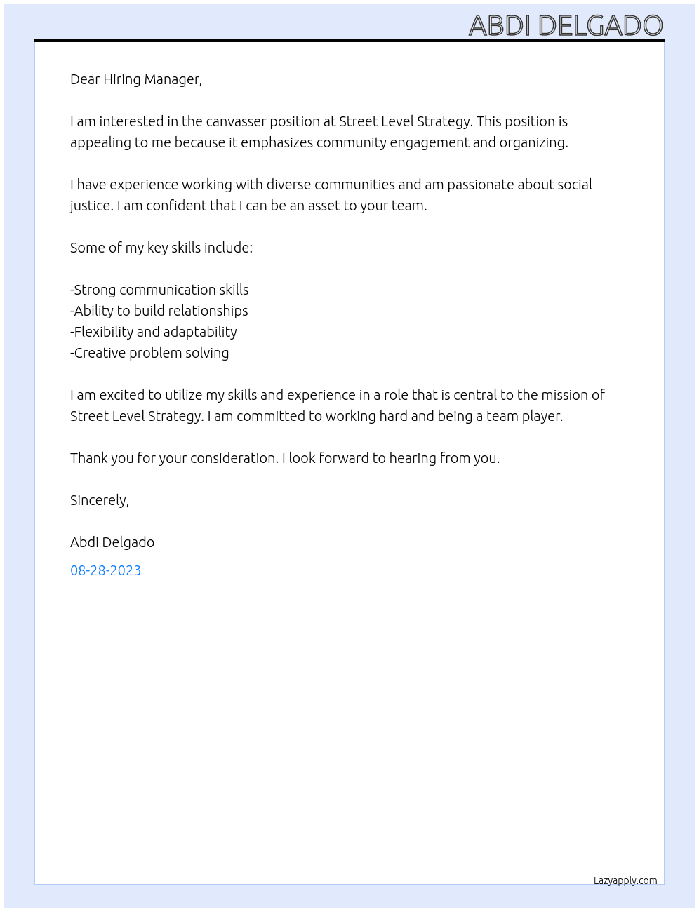 Canvasser At Street Level Strategy Cover Letter