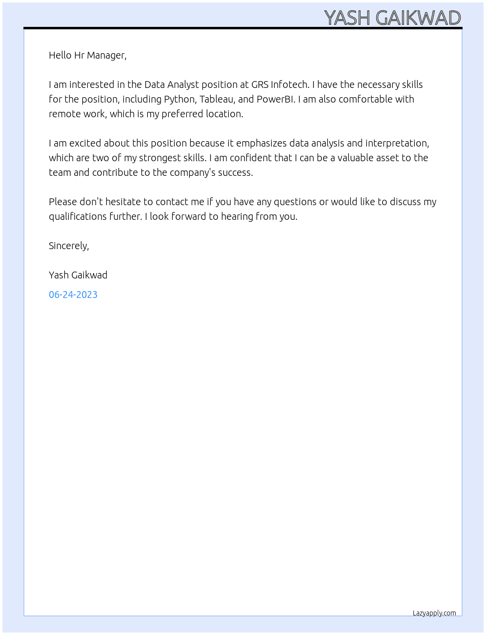Data Analyst At GRS Infotech Cover Letter