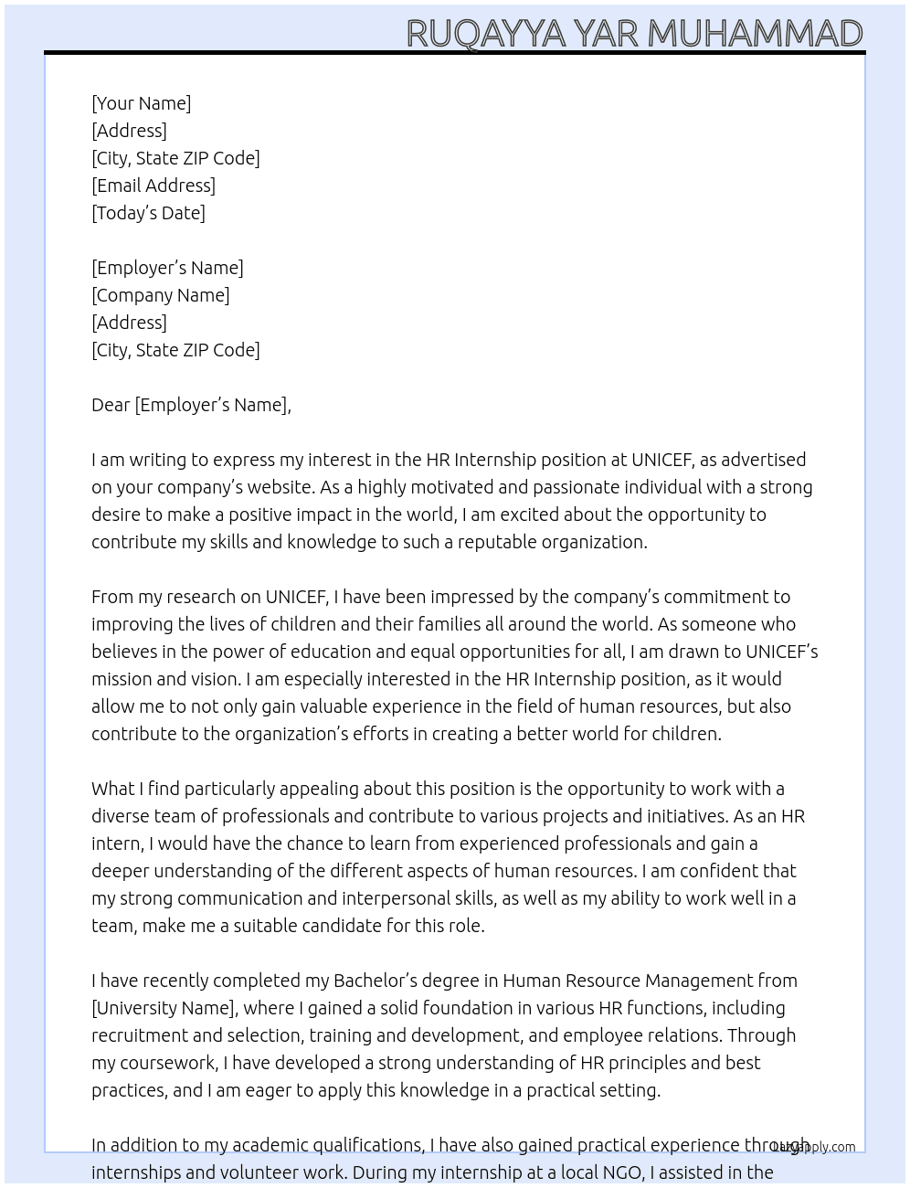 HR Internship  At UNICEF  Cover Letter