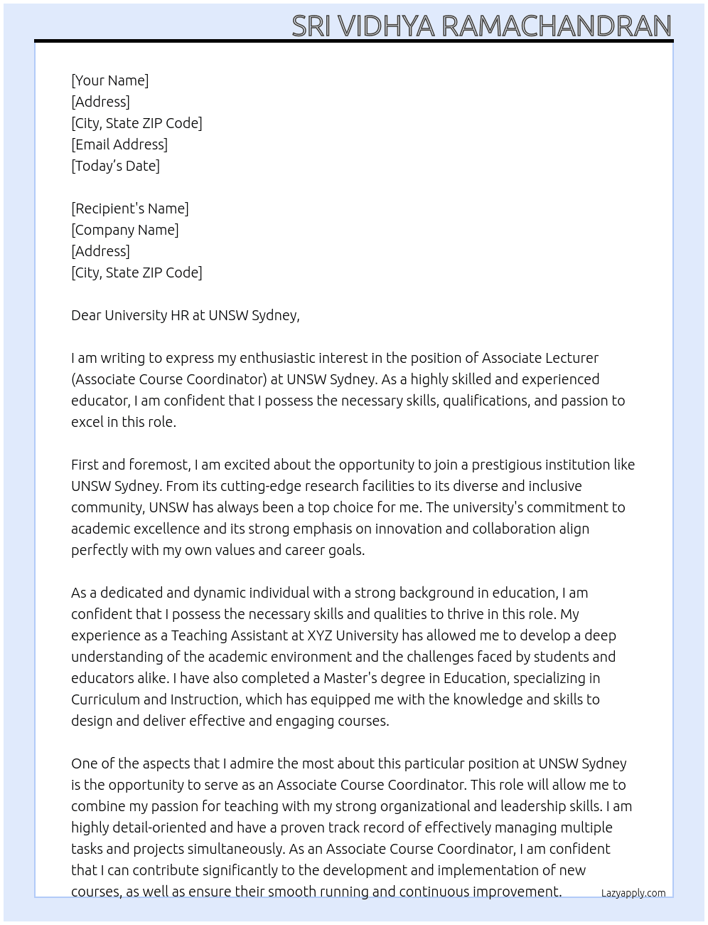 ASSOCIATE LECTURER (ASSOCIATE COURSE COORDINATOR) At UNSW SYDNEY Cover Letter